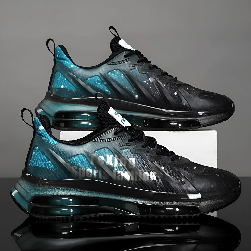 Men's black and green colour-blocked platform running shoes with a mesh upper and rubber sole.