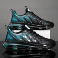 Men's black and green colour-blocked platform running shoes with a mesh upper and rubber sole.