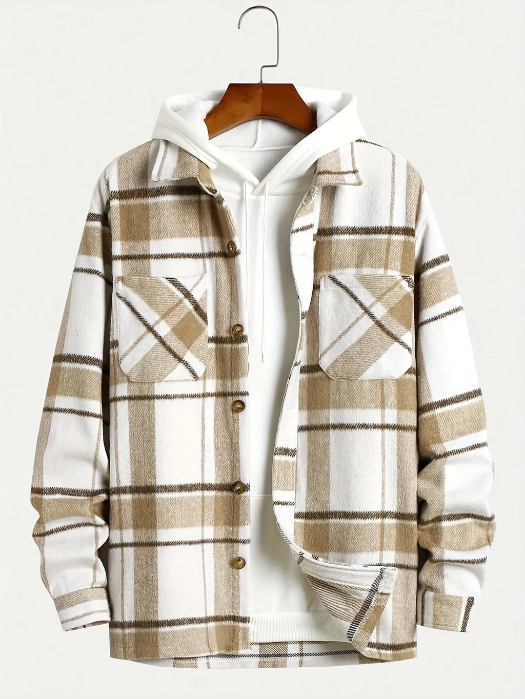 Men's plaid lapel thickening shirt cardigan in dark khaki cloth long sleeves loose fit