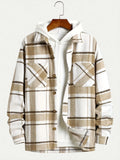 Men's plaid lapel thickening shirt cardigan in dark khaki cloth long sleeves loose fit