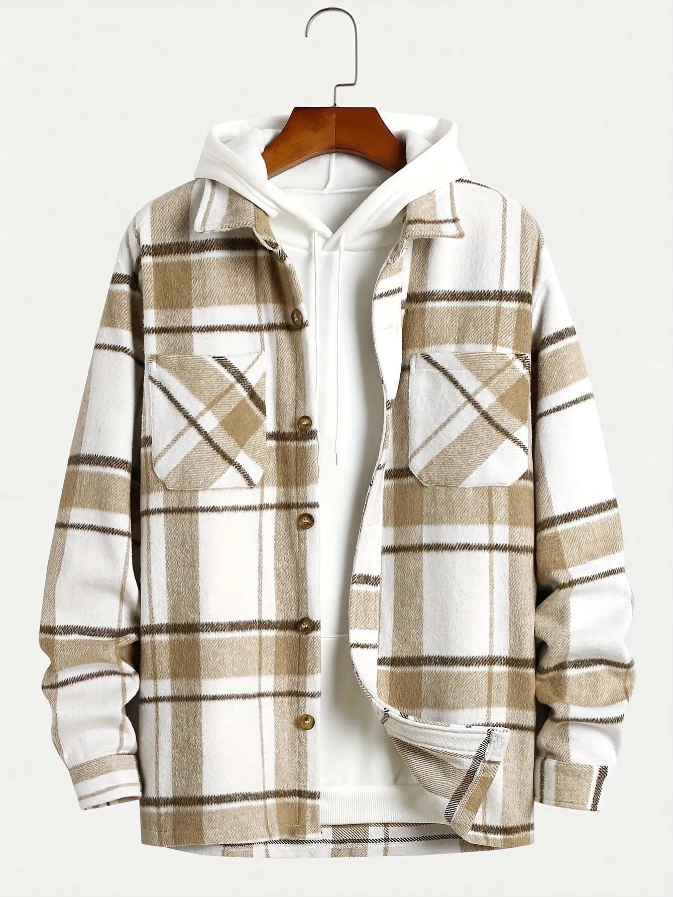 Men's plaid lapel thickening shirt cardigan in dark khaki cloth long sleeves loose fit