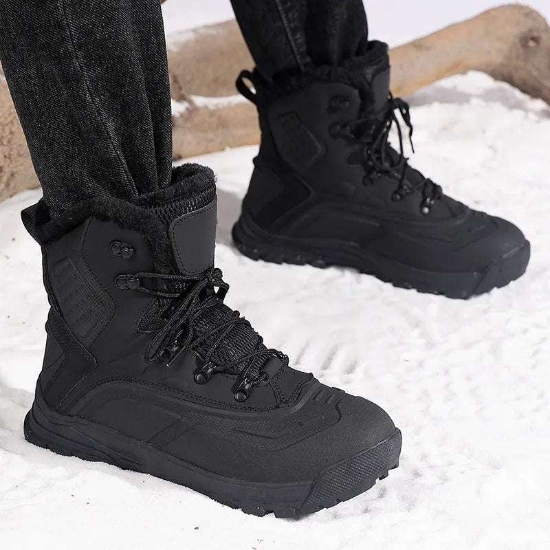 Men's black high-top winter boots with fleece lining and lace-up front on a ribbed TPR sole.