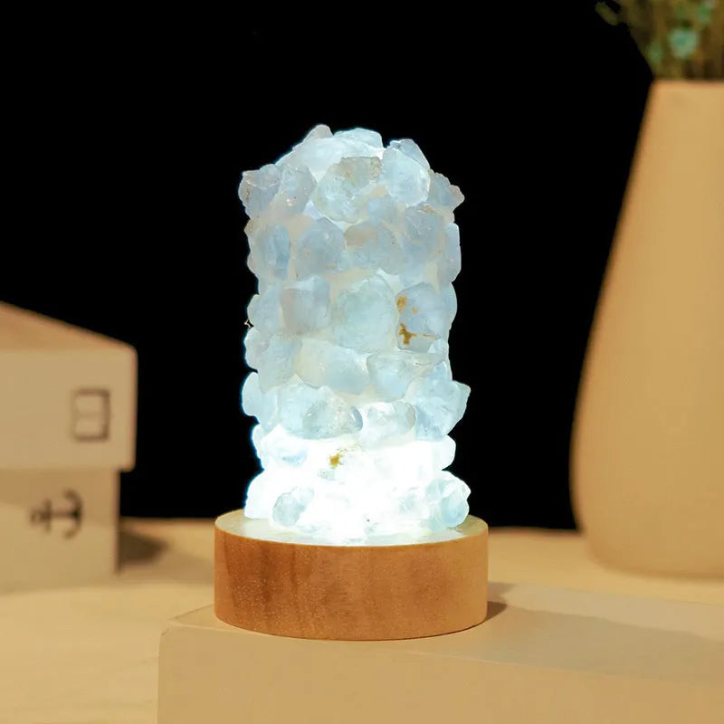 Natural amethyst crystal night light with USB plug showing both warm and cold light settings