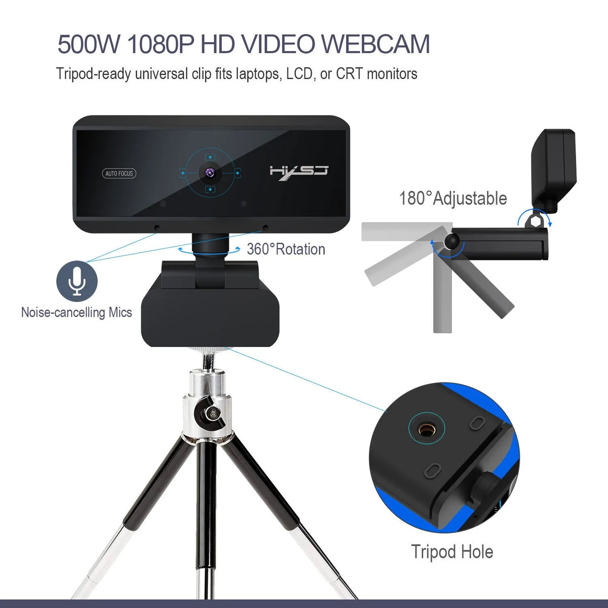 Black computer video camera with 5MP autofocus and 1.7m cable for desktop use