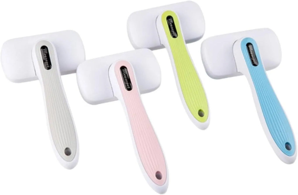 Automatic pet grooming comb with four interchangeable heads in blue, grey, green, or pink colours.
