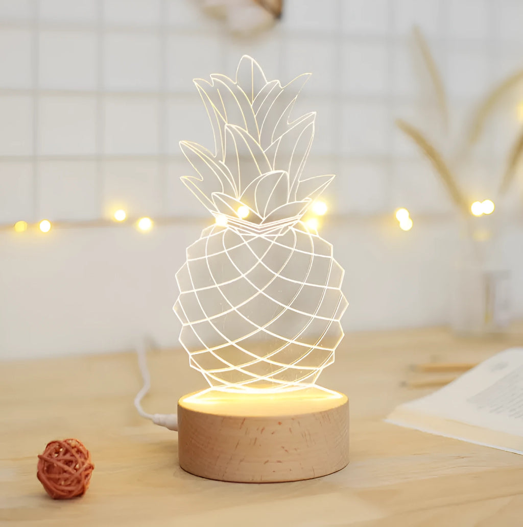 Cartoon pineapple shaped wooden and acrylic bedside table lamp with USB cable and dimmer buttons.
