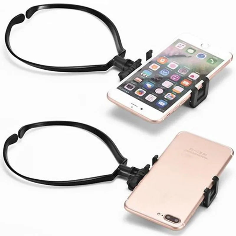 Black wearable neck phone holder with smartphone attached, showing 180-degree adjustment angle