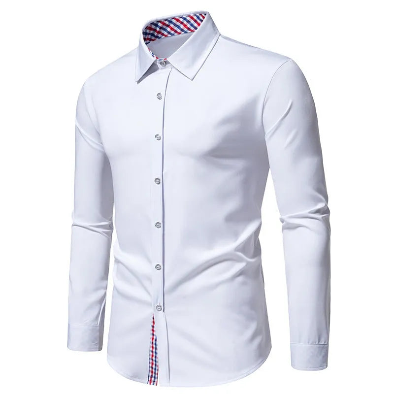 Men's loose plaid casual long-sleeved shirt in polyester blend fabric, available in multiple colours