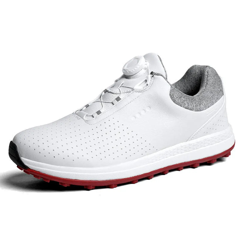 Men's white low-top casual golf shoe with breathable upper and textured non-slip sole.