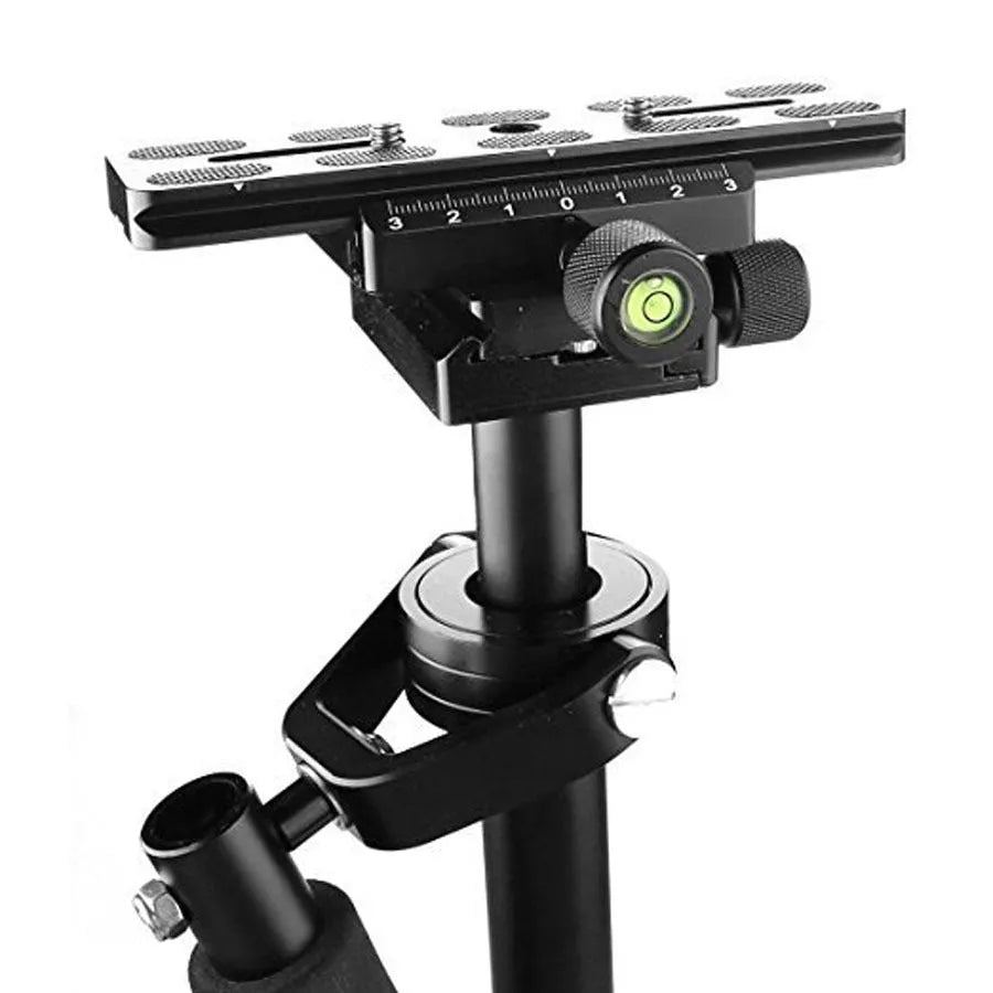 Black aluminium alloy handheld camera stabiliser with adjustable height, shown with a camera attached.