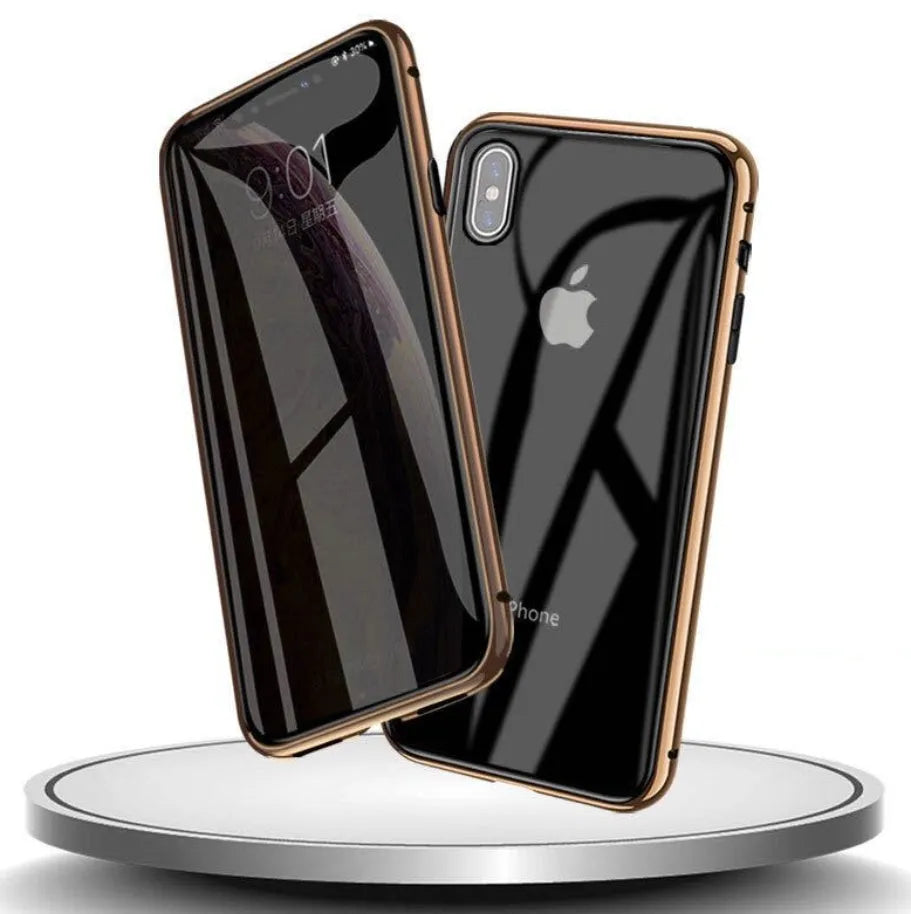 Glass clamshell anti-spy phone case for iPhone in geometric design, shown in black, silver, red, gold, green, and blue colours.