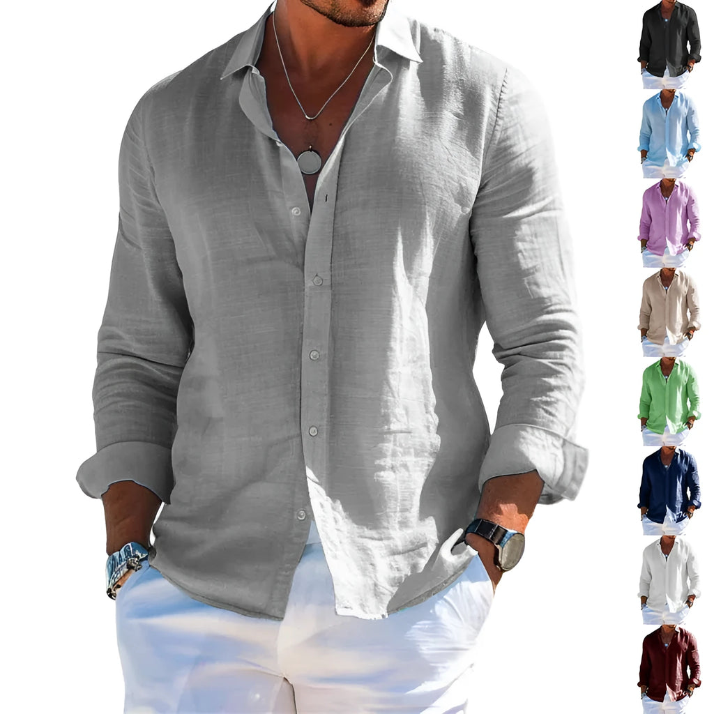 Men's long sleeve casual loose fit solid colour button top shirt polyester plus size clothing