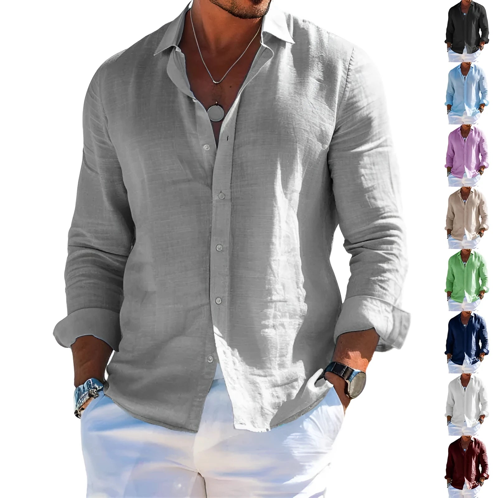 Men's long sleeve casual loose fit solid colour button top shirt polyester plus size clothing