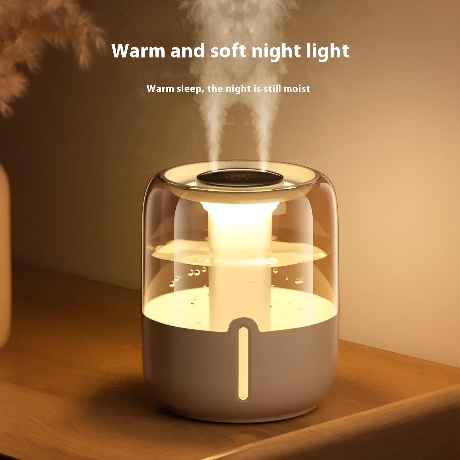 Beige round humidifier with dual spray nozzles, humidity display, and USB power port