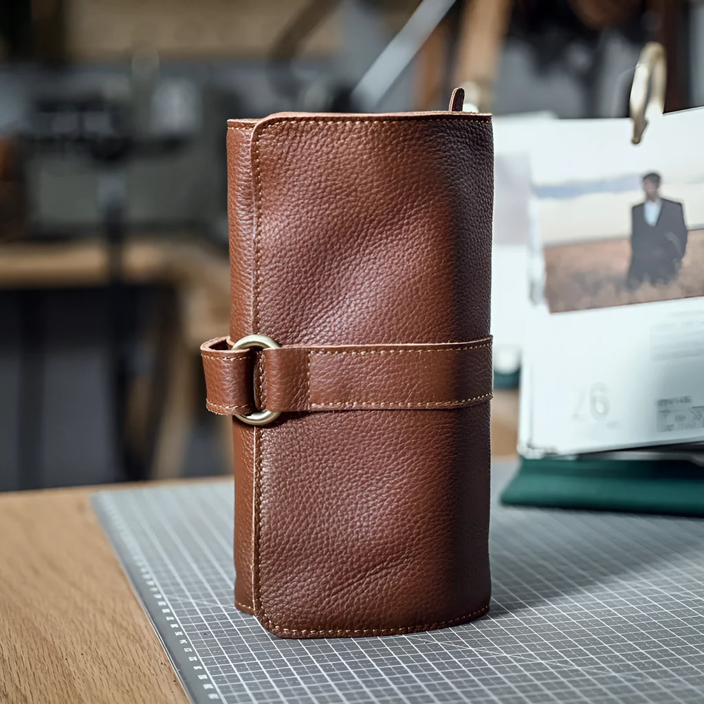 Handmade cow leather wallet in black or dark brown with tape extraction closure