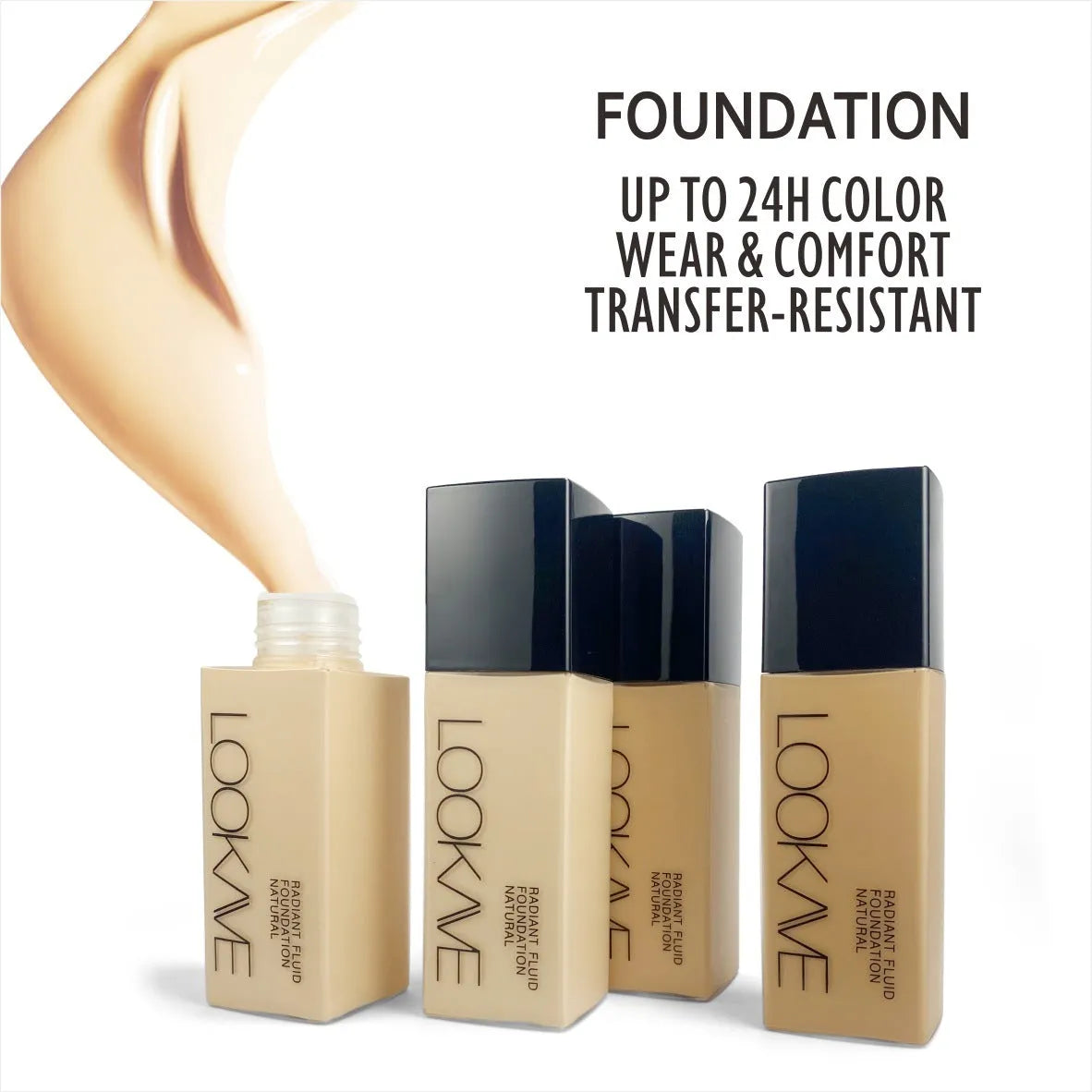 LOOKAVE matte liquid foundation bottle showing six shade options including ivory white