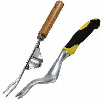 Set of three weeding tools with aluminum alloy heads and wooden handles in yellow and black colour