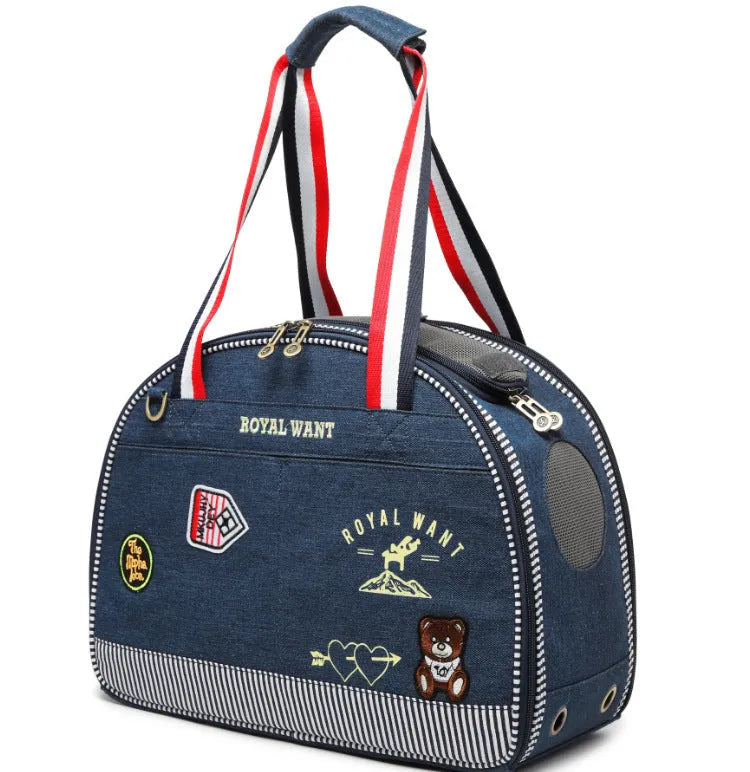 Blue denim Japanese-style pet diaper bag with cartoon pattern, dimensions 43×20×30cm