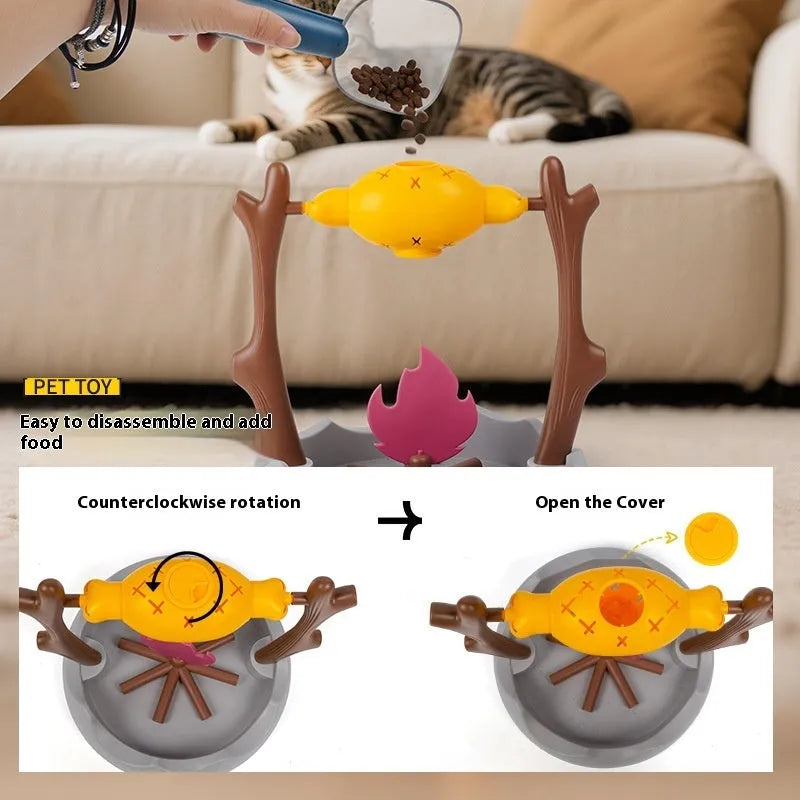Barbecue-themed tumbling plastic cat food feeder toy for interactive play and slow feeding.