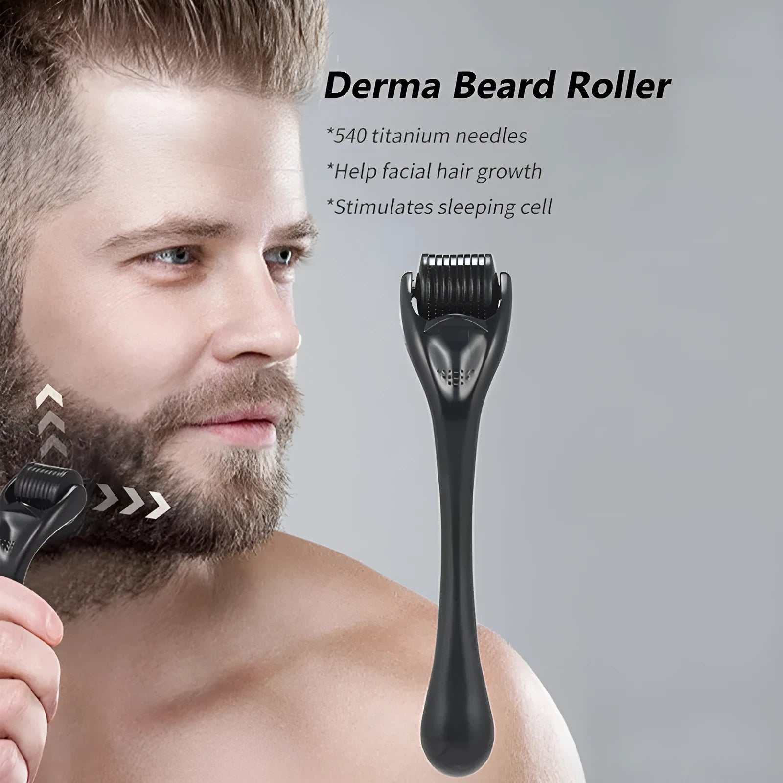 Titanium microneedle derma roller with 540 needles, shown in black and purple handle options for facial, scalp, and beard care.
