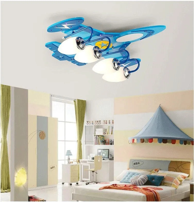 Wooden airplane-shaped children's ceiling light with rectangular glass shade and remote control
