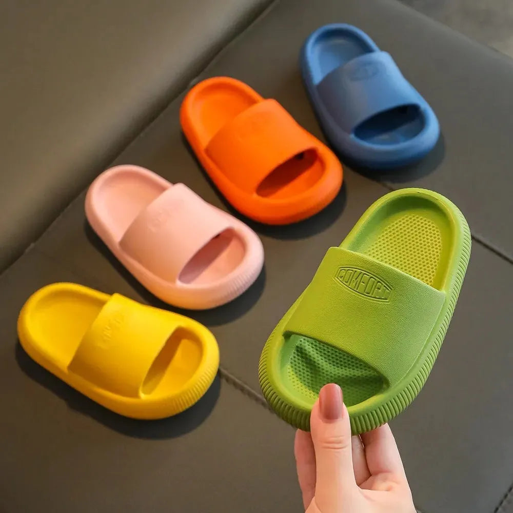 Children's mixed colour EVA slippers with a non-slip sole, shown in sizes for kids.