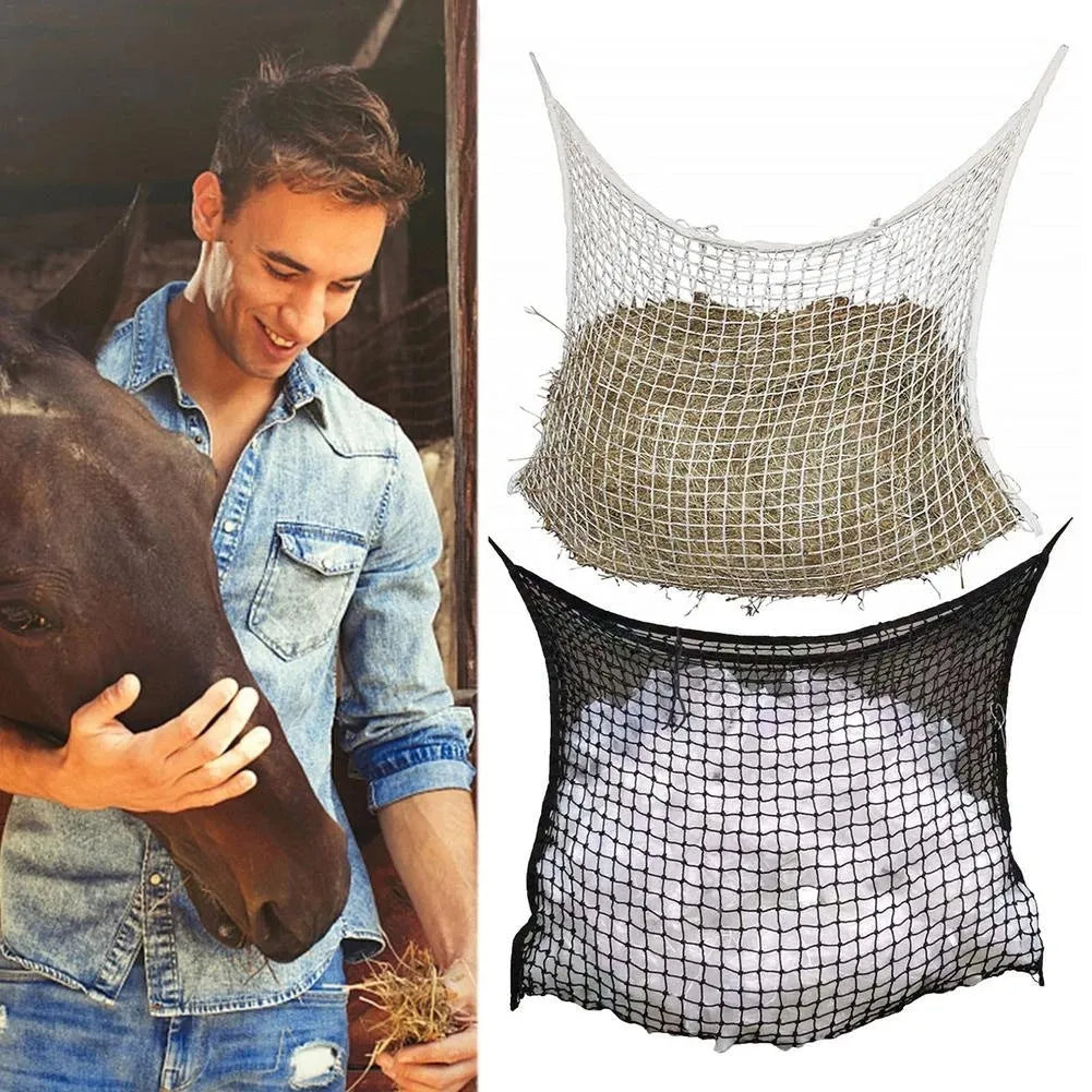 Black woven grid horse feeding bag hanging, showing its open structure and size.
