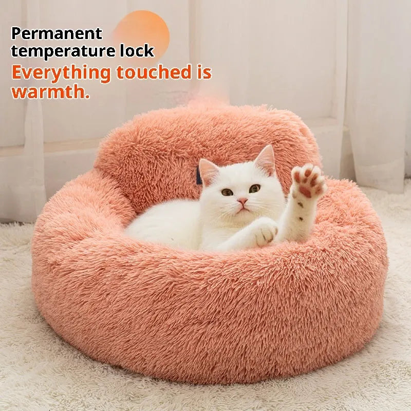 Light gray cat bed kennel with long wool backrest on floor, 65cm diameter