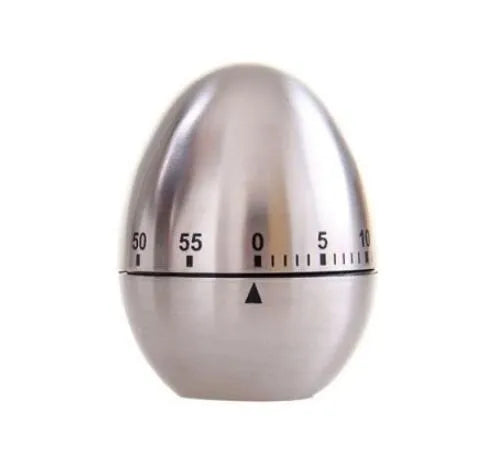 Stainless steel egg-shaped mechanical kitchen timer with manual dial.