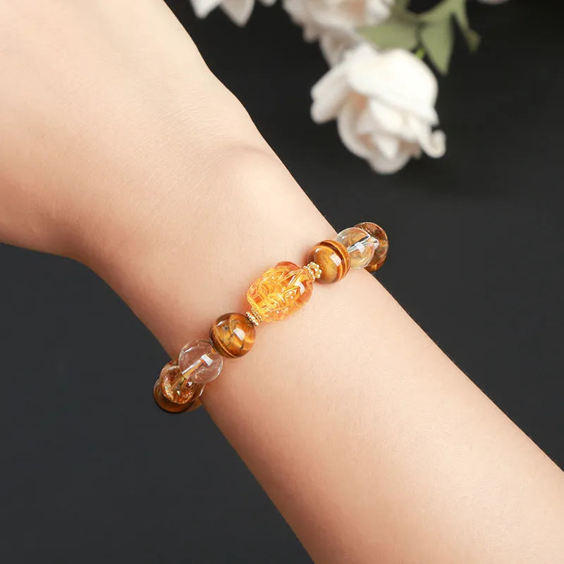 Yellow tiger's eye and citrine stone bracelet with Pi Xiu charm and 10mm geometric beads