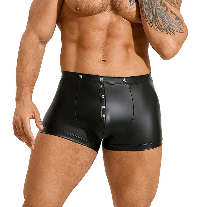 Black men's PU leather boxer shorts with U-pouch front design showing smooth texture
