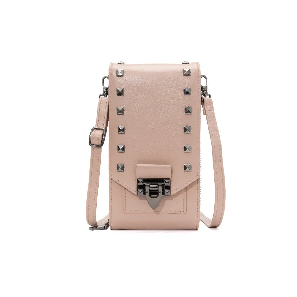 Rivet design solid colour crossbody bag for women in pink with vertical square shape and medium-long strap