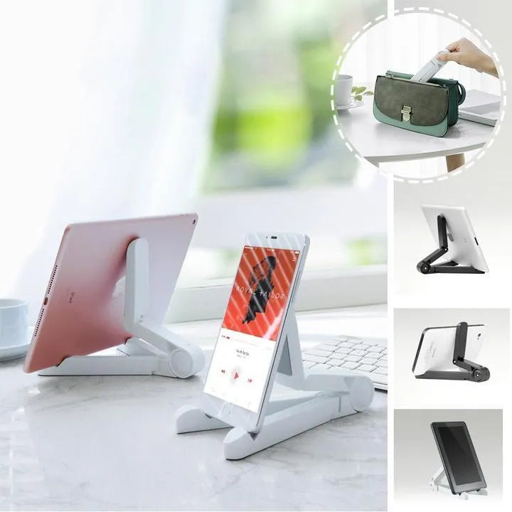 Black foldable tablet holder standing upright holding a tablet, shown next to its folded flat profile.