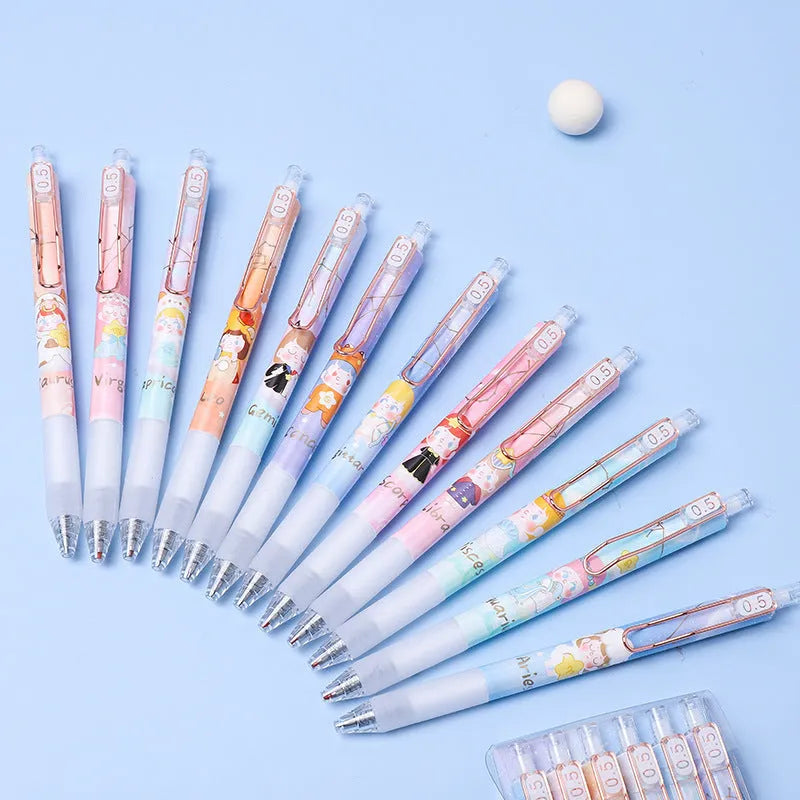 Set of six constellation-themed press gel pens with 0.5mm tips and cartoon zodiac designs.