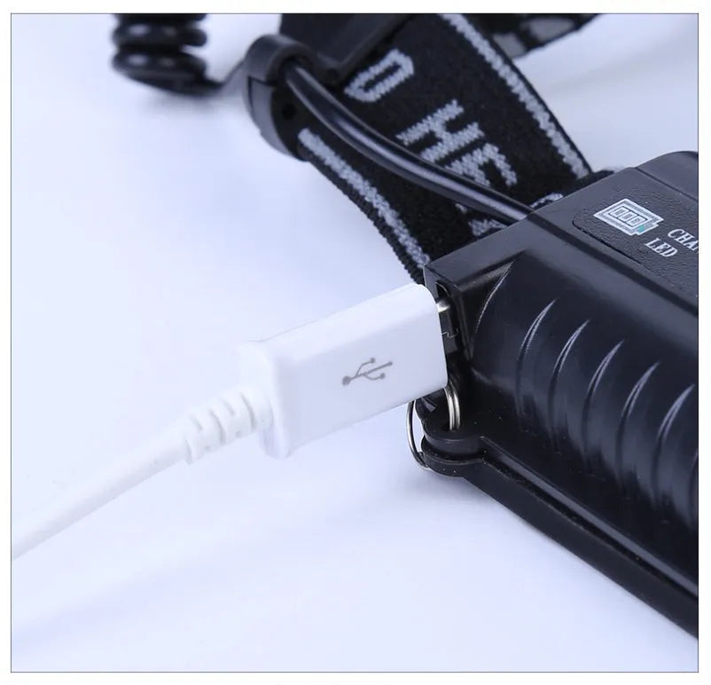 Head-mounted camping light with fixed focus beam showing waterproof construction and LED light source