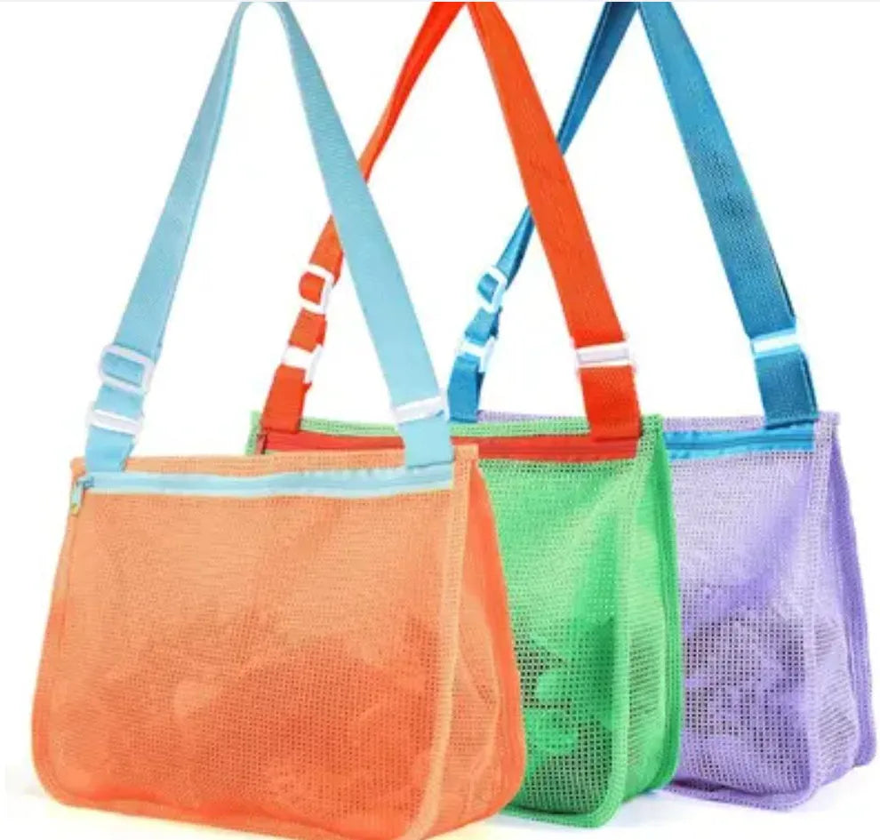 Blue nylon mesh travel storage organiser bag for children's toys and clothing, sealed, measuring 20x25x8cm.