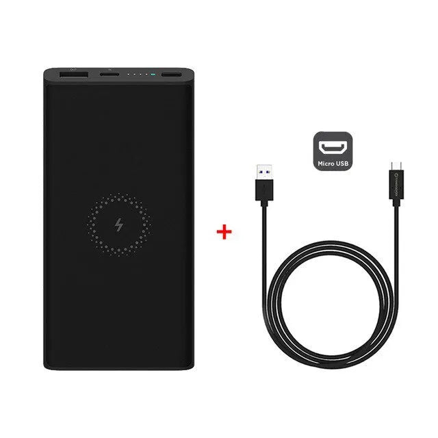 White and black 10000mAh power bank with USB Type-C and wireless charging