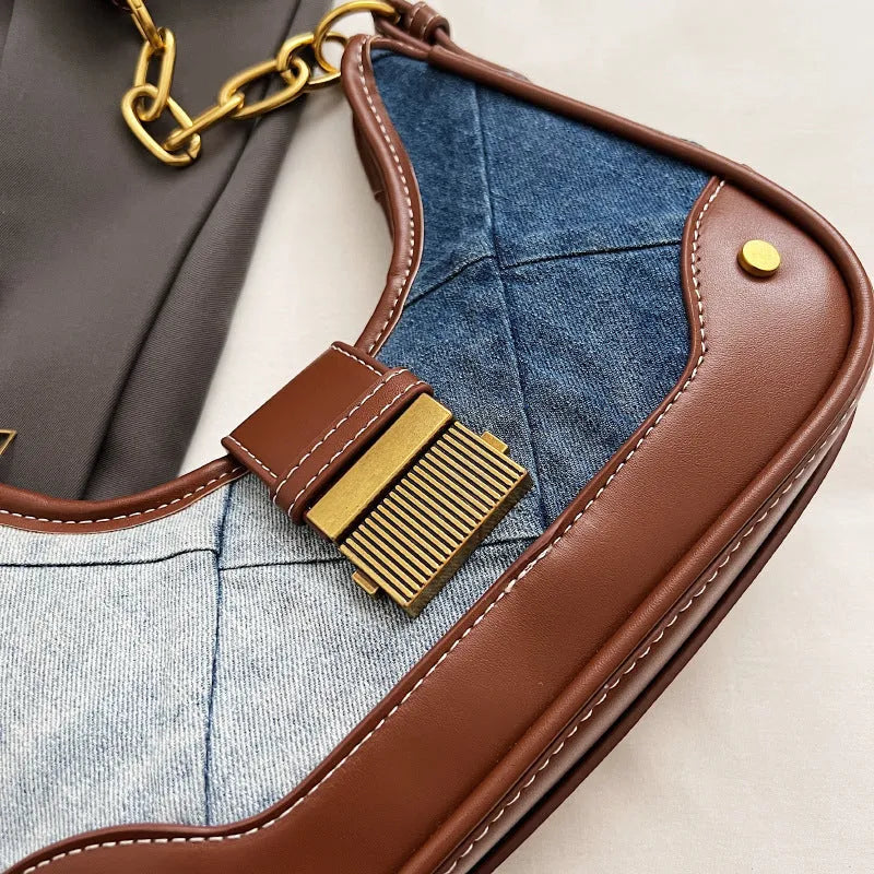 Brown denim women's shoulder bag with diamond mesh detail and bucket design