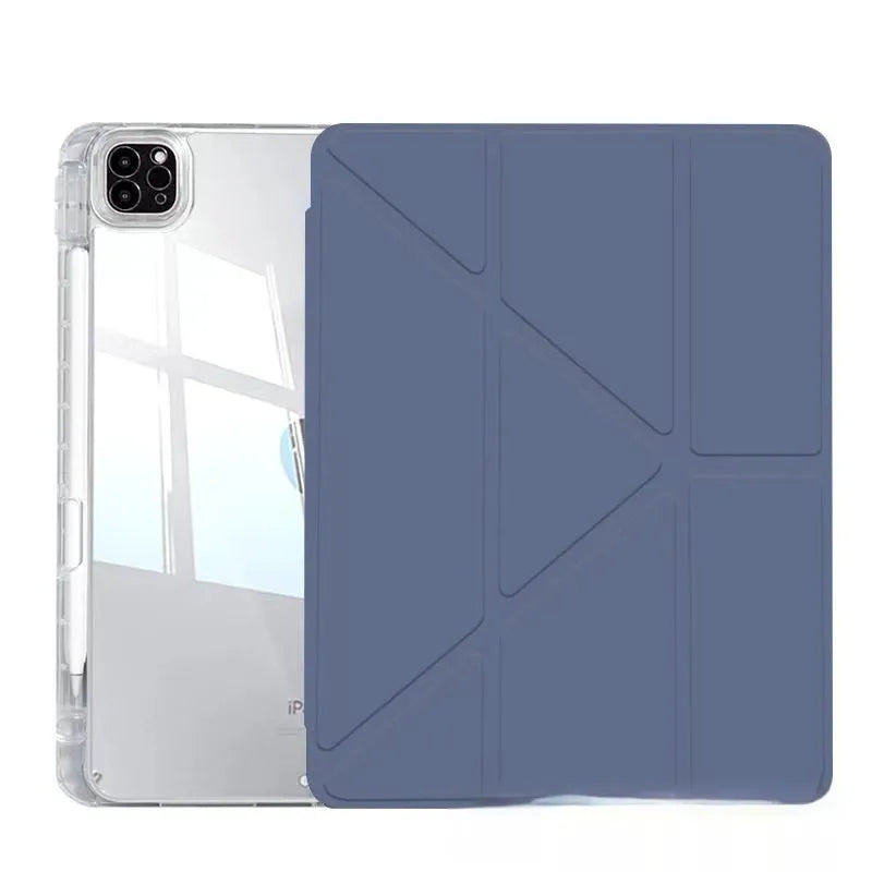 Transparent acrylic iPad protective cover with built-in folding stand in multiple colour options