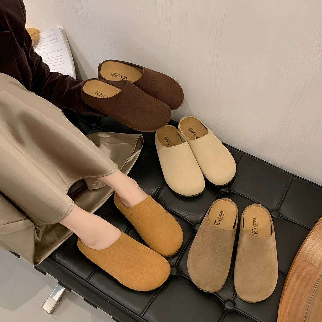 Korean style ugly soft flat outdoor slip-on boken slippers in apricot colour with square toe and PU sole.