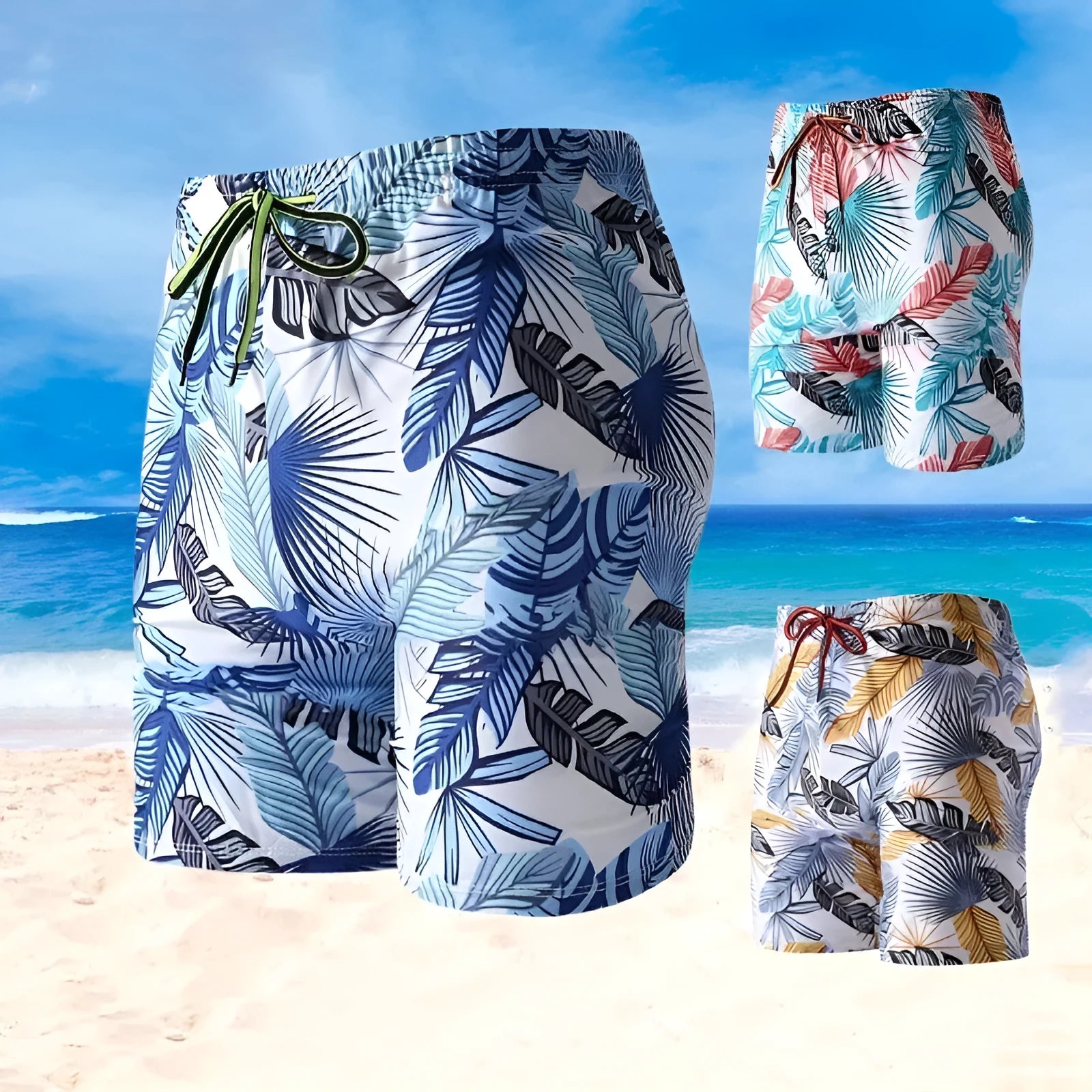 Men's cropped beach swimming trunks in a multicolour leaf pattern, briefs style