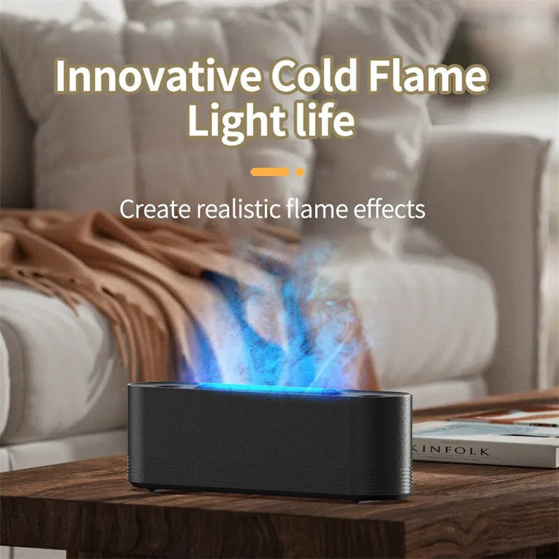 Black ultrasonic humidifier diffuser with 7-colour LED flame lighting effect and water mist emission