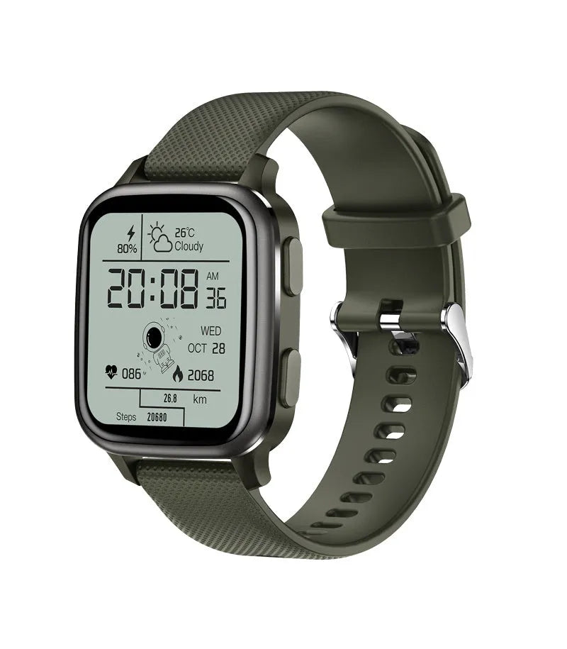 Aluminium alloy smart watch on wrist showing Bluetooth calling and heart rate monitoring display.