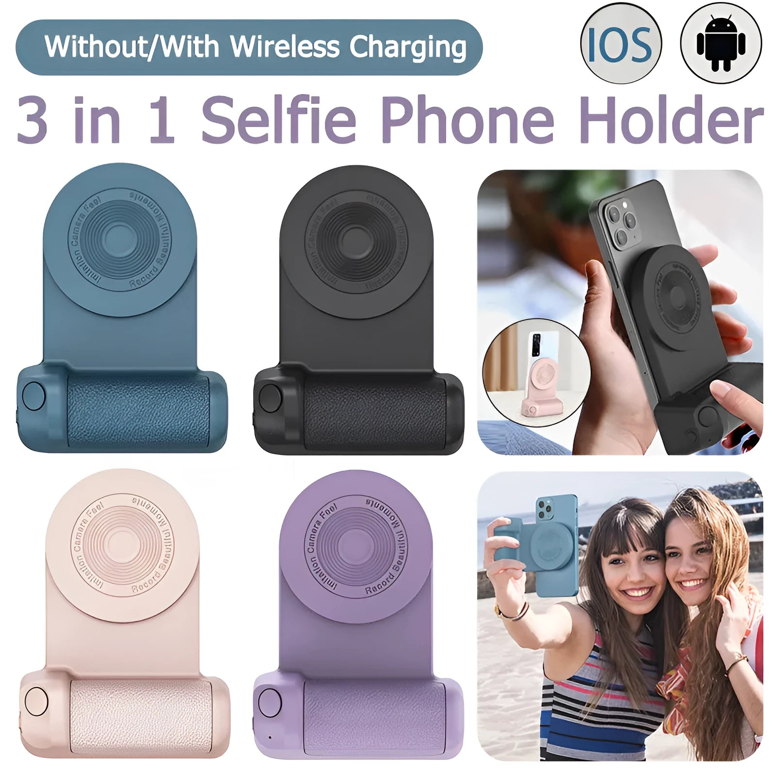 Black magnetic camera handle bracket holding smartphone with rotatable design and ergonomic grip