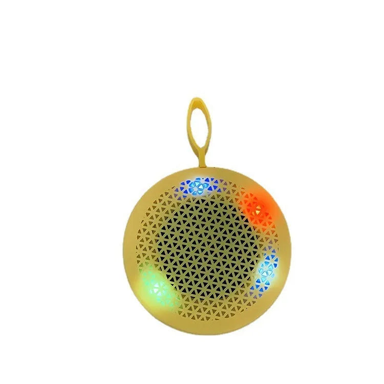 Pink mini Bluetooth speaker with plastic shell and button controls, 82x82x40mm
