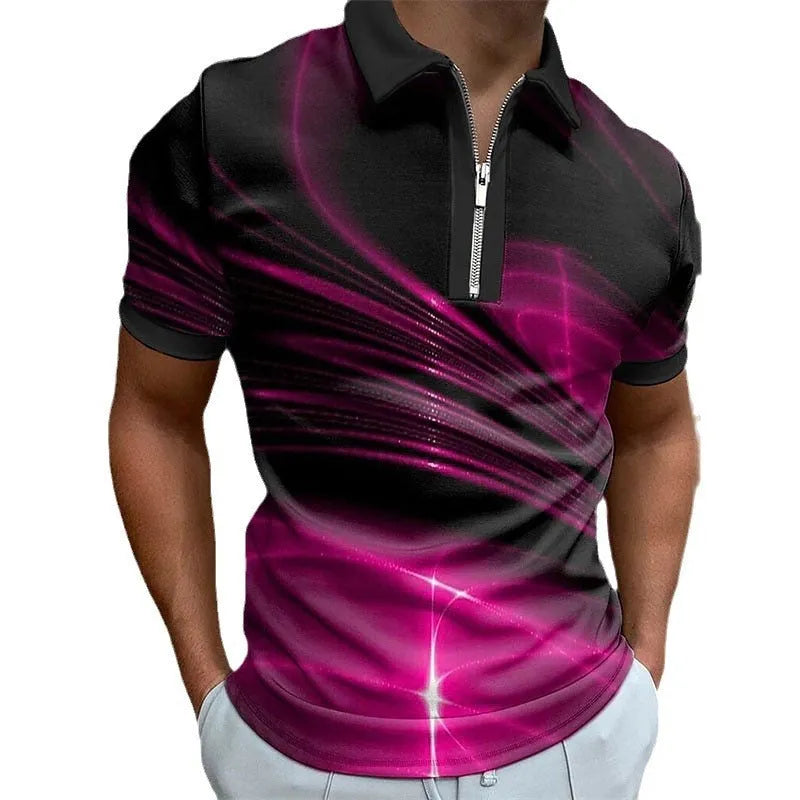 Man wearing a blue short sleeve polo shirt with a lapel collar and front zipper.