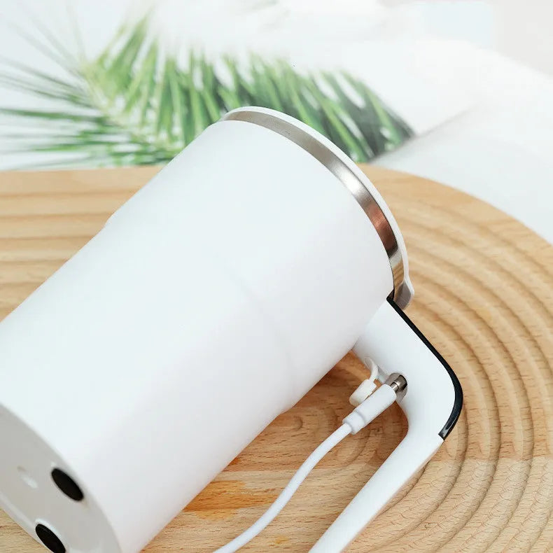 Black automatic stirring electric coffee mug with LCD temperature display and USB charging port