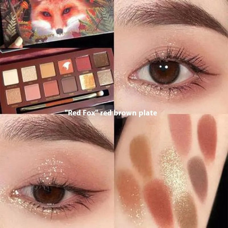 Open palette showing twelve pressed powder eyeshadow pans with animal-themed colour names.