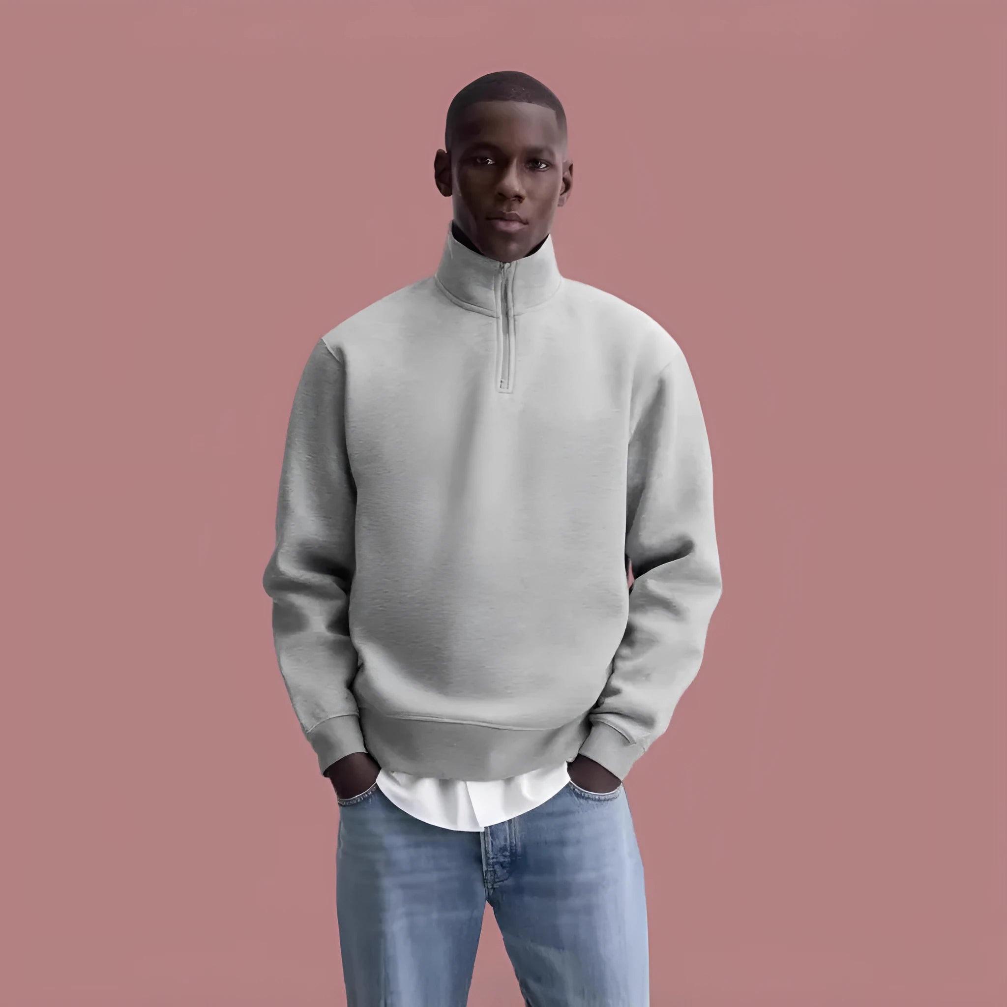 Grey half zipped stand collar cotton sweater for men and women with long sleeves and grinding texture