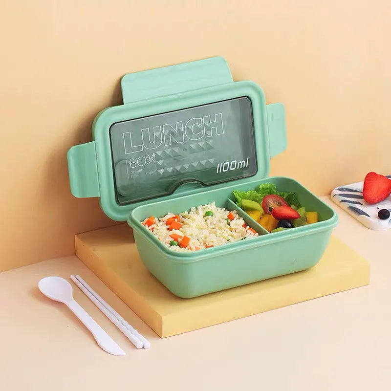 Four-layer partitioned plastic bento box lunch container in Nordic style with green, red, yellow colour options